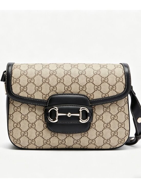 Gucci Handbags - Gucci GG Supreme Monogram Canvas Horsebit 1955 Medium Flap Bag Beige Black Ebony